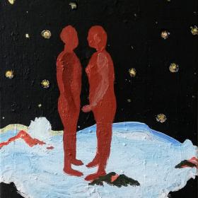 Gesprek, 40 × 30 cm olie, acryl op doek